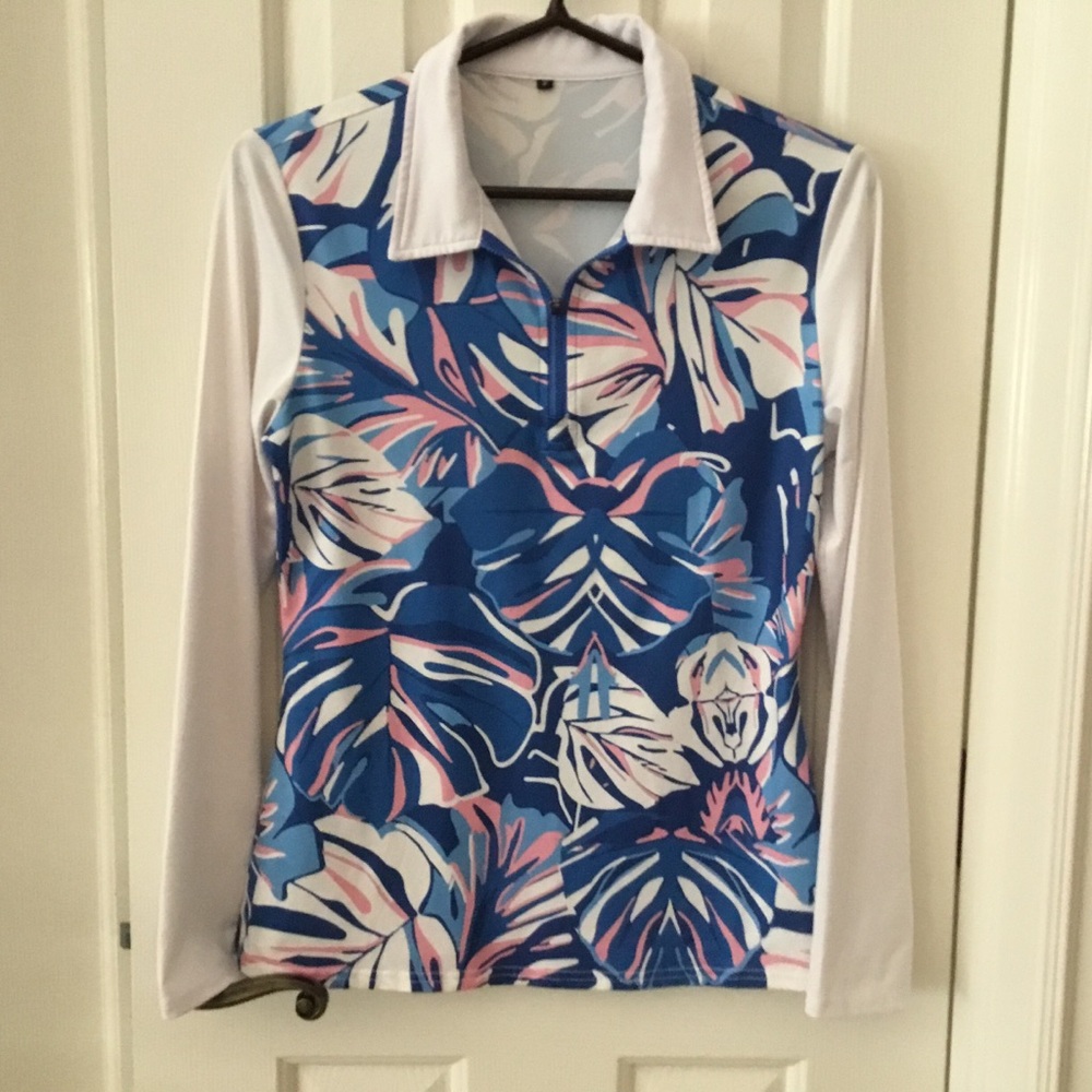 Women’s Blue Floral lightweight Quarter-Zip Performance Top